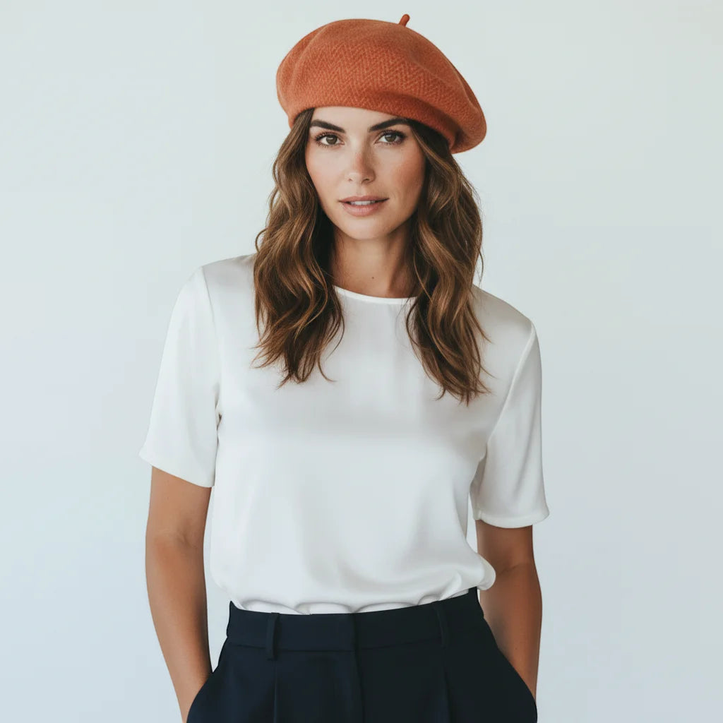 Orange French wool beret with rust-orange herringbone texture and top button
