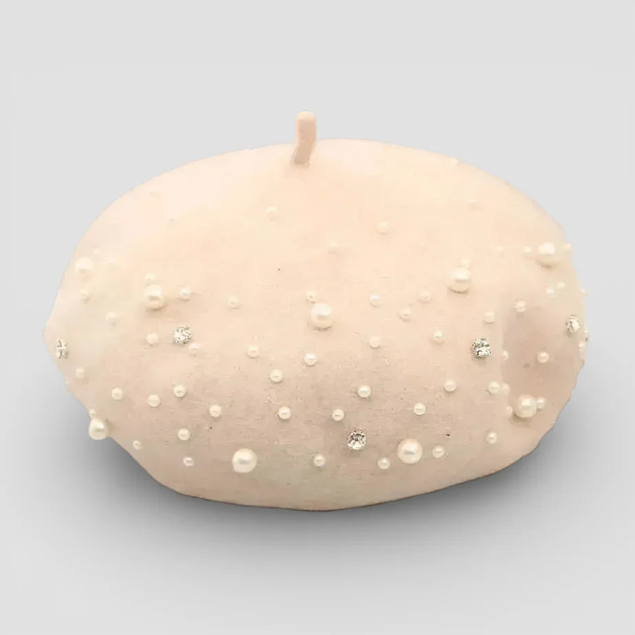 Pearl Beret with beige beret adorned in scattered pearls and crystals