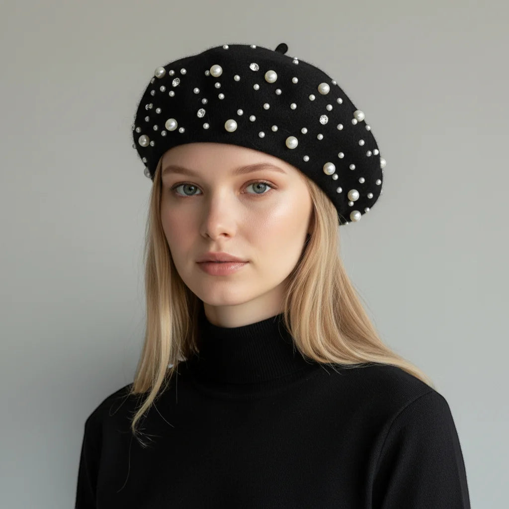Pearl Beret with black beret, white pearls and rhinestones