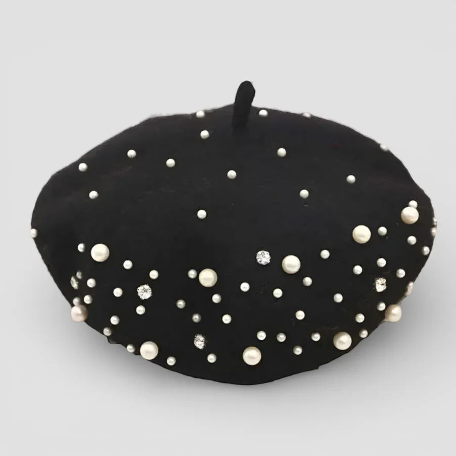 Pearl Beret with black beret, white pearls and rhinestones
