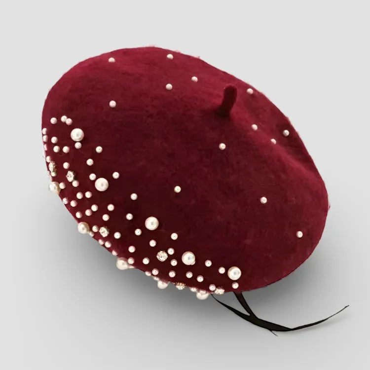 Pearl Beret: burgundy velvet beret with white pearls and crystals