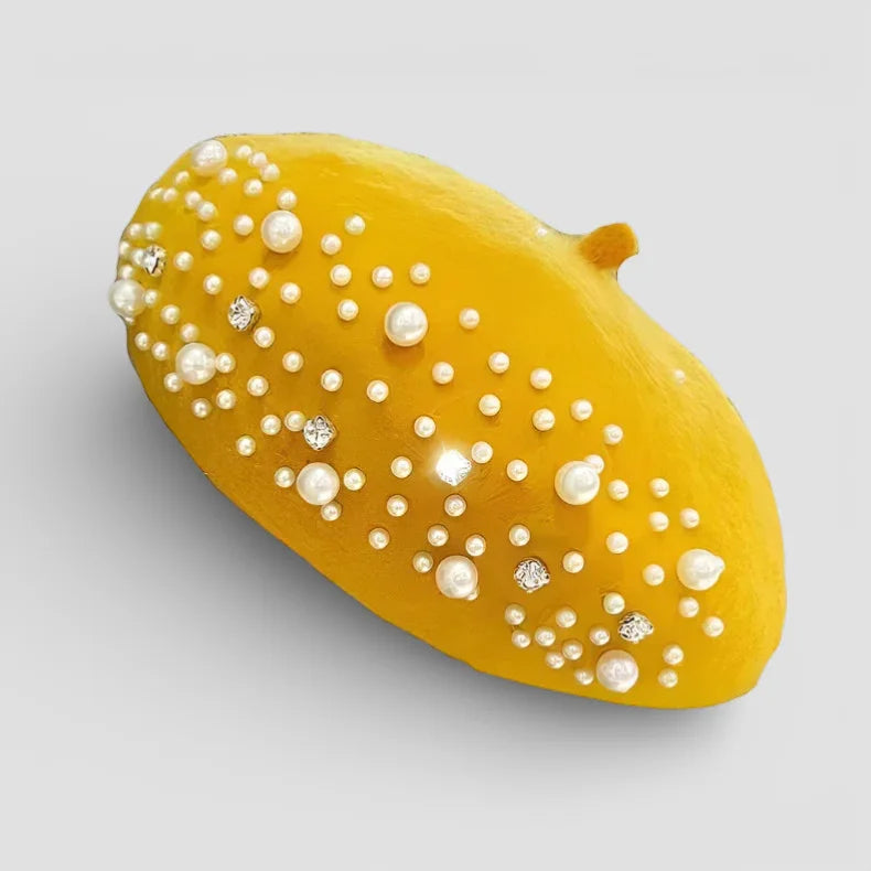 Glossy yellow Pearl Beret with white pearls and rhinestones