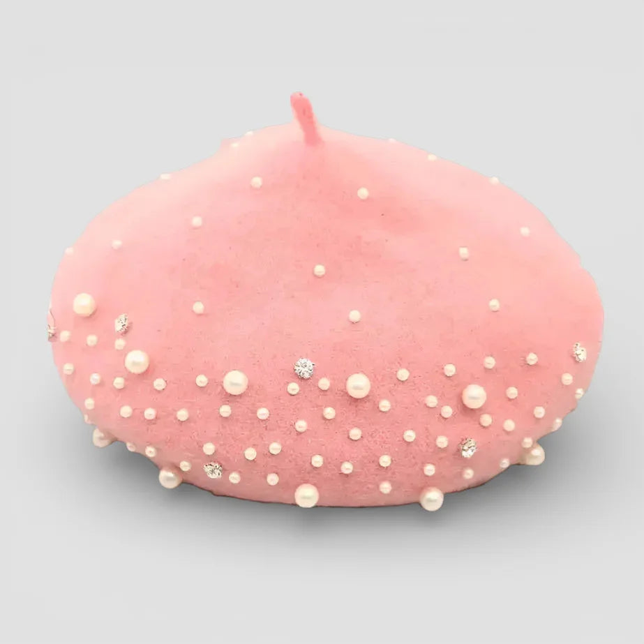 Pearl Beret with pink fabric, white pearls and sparkling rhinestones