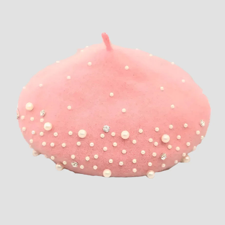 Pink beret with pearls and rhinestones.