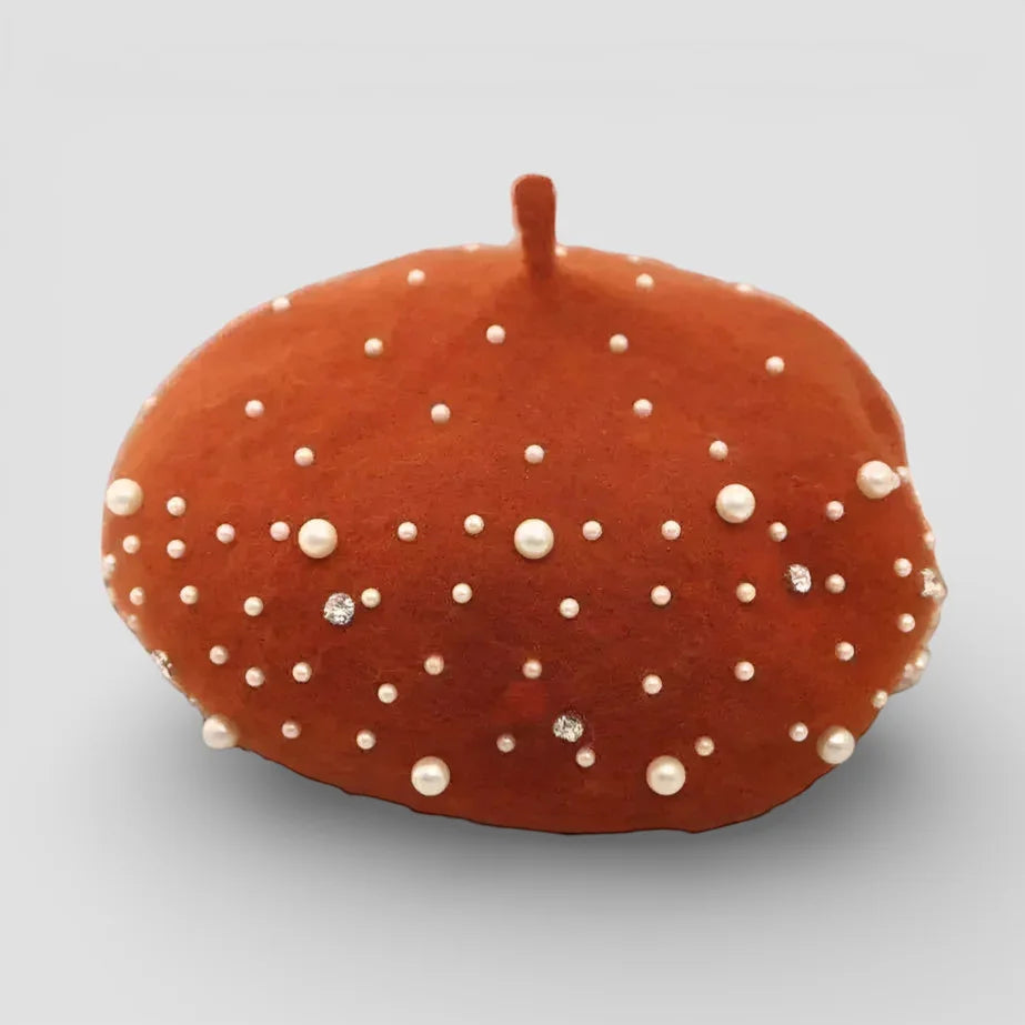 Pearl Beret with rust-colored fabric, white pearls and rhinestones