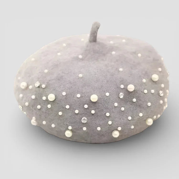 Pearl Beret: soft gray felt with white pearls and silver rhinestones