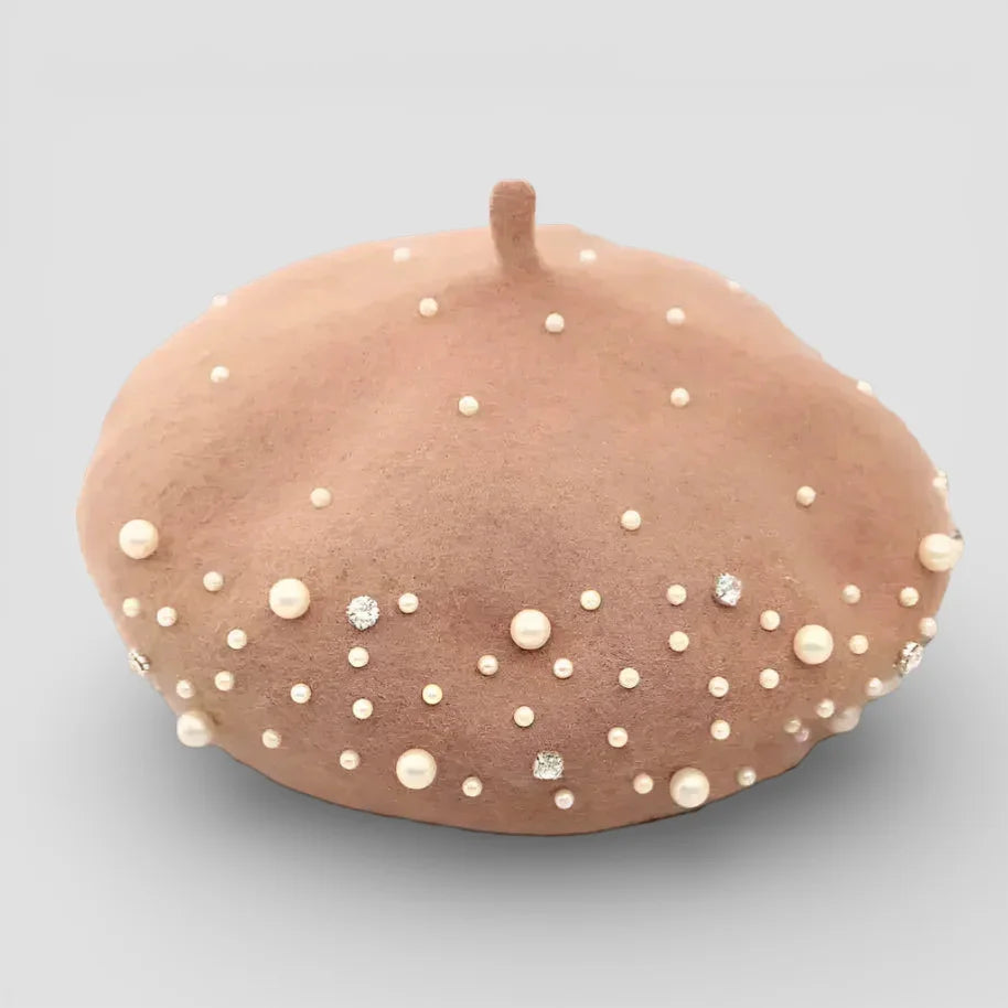 Pearl Beret: soft taupe felt adorned with white pearls and rhinestones