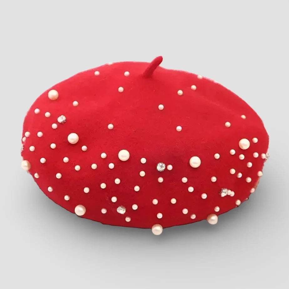 Pearl Beret with vibrant red fabric, white pearls and rhinestones