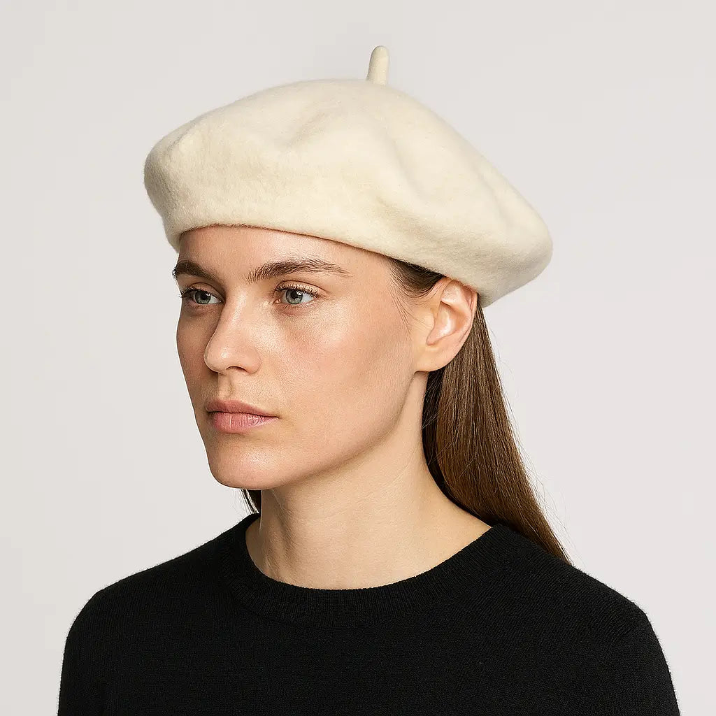 Person wearing a beige beret against a plain background