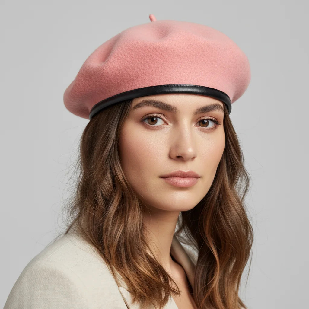 Pink Army Beret with soft pink fabric and black leather trim