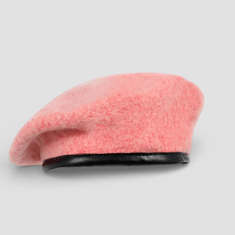 Pink Army Beret with soft pink fabric and black leather band