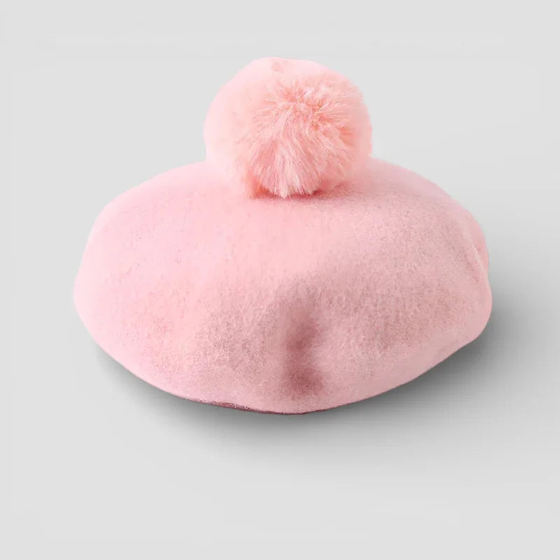 Pink felt beret with fluffy pom-pom top, product view
