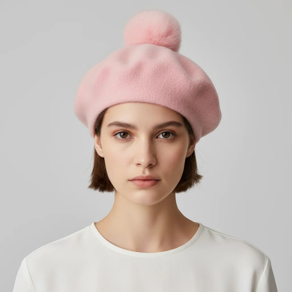 Soft pink felt beret with matching fluffy pom-pom on top