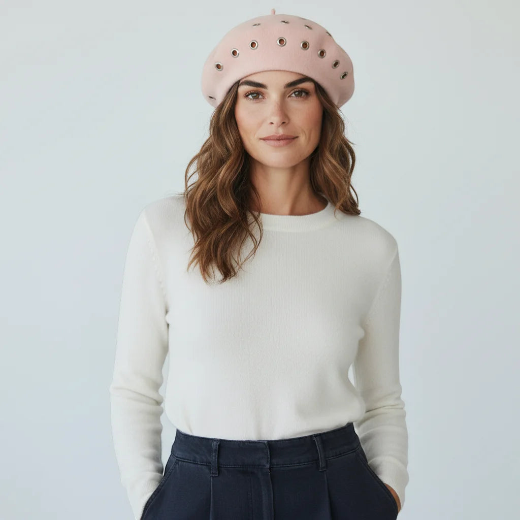 Pink Boina Hat with soft pink beret and decorative eyelets