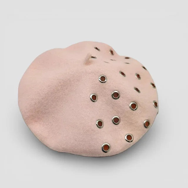 Pink Boina Hat: soft pink suede beret with metallic grommets