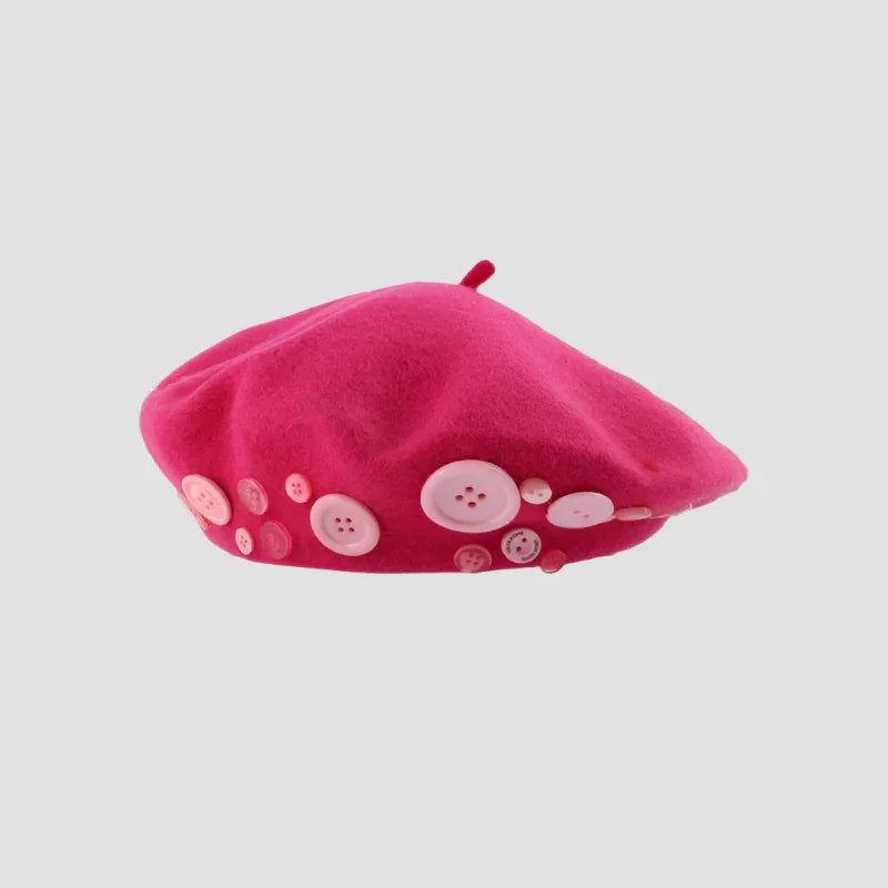 Pink beret with buttons.