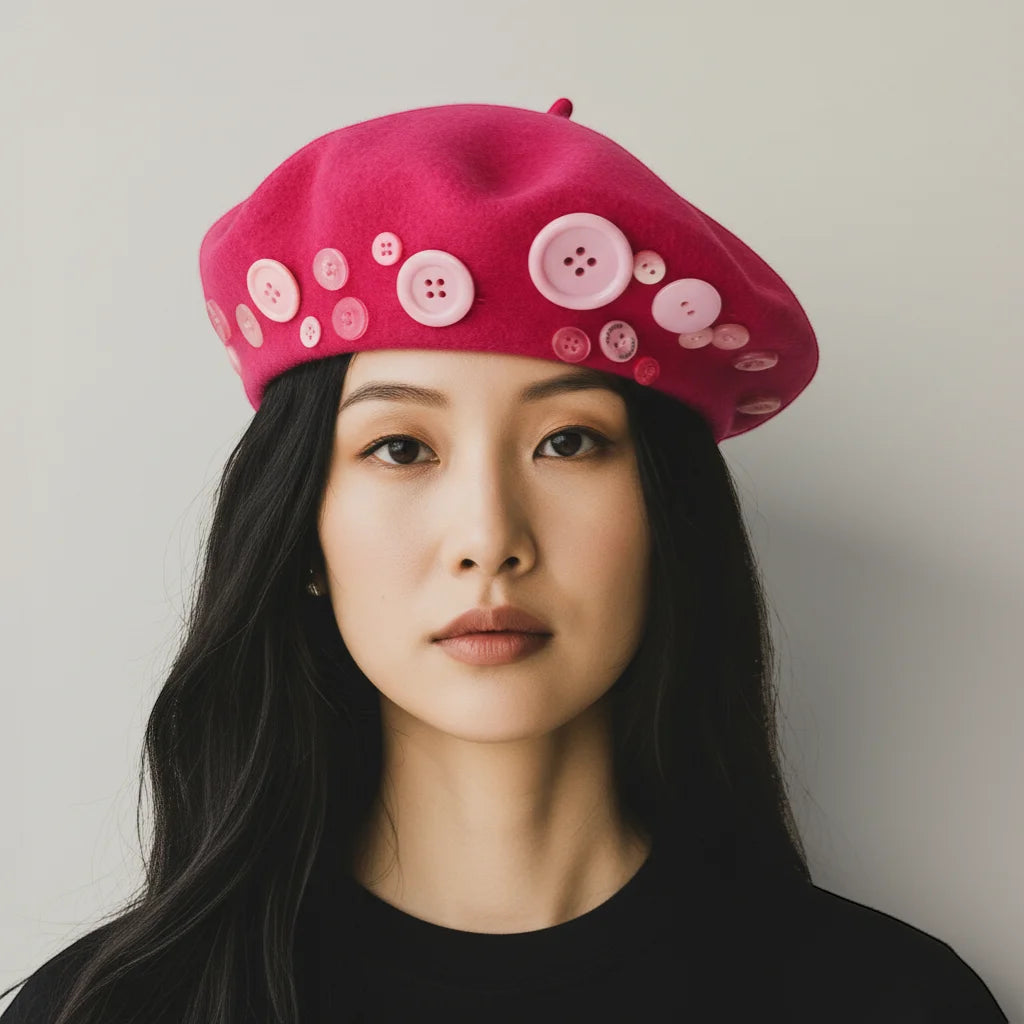 Pink Button Beret: vibrant fuchsia beret with pink buttons