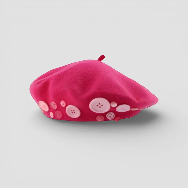 Vibrant fuchsia velvet Pink Button Beret with pink buttons
