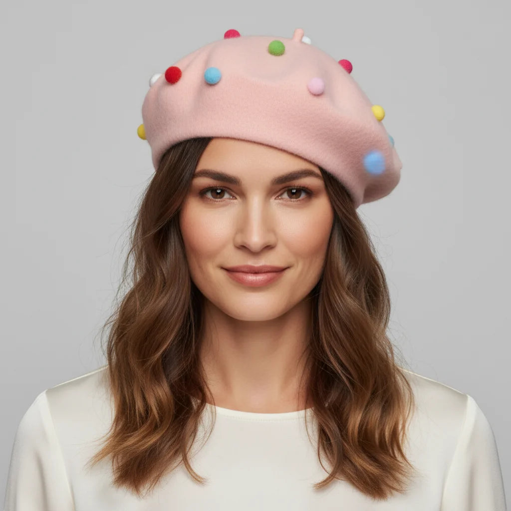 Pink Candy Beret with colorful fluffy pom-poms