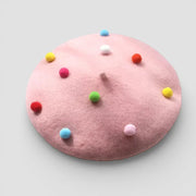Pink Candy Beret with colorful fluffy pom-poms