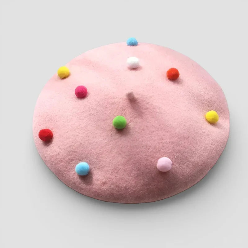 Pink Candy Beret with colorful fluffy pom-poms