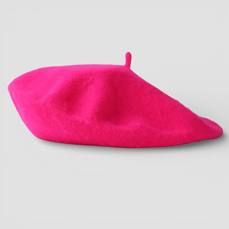 Pink French Beret: vibrant fuchsia felt with soft textured surface and visor