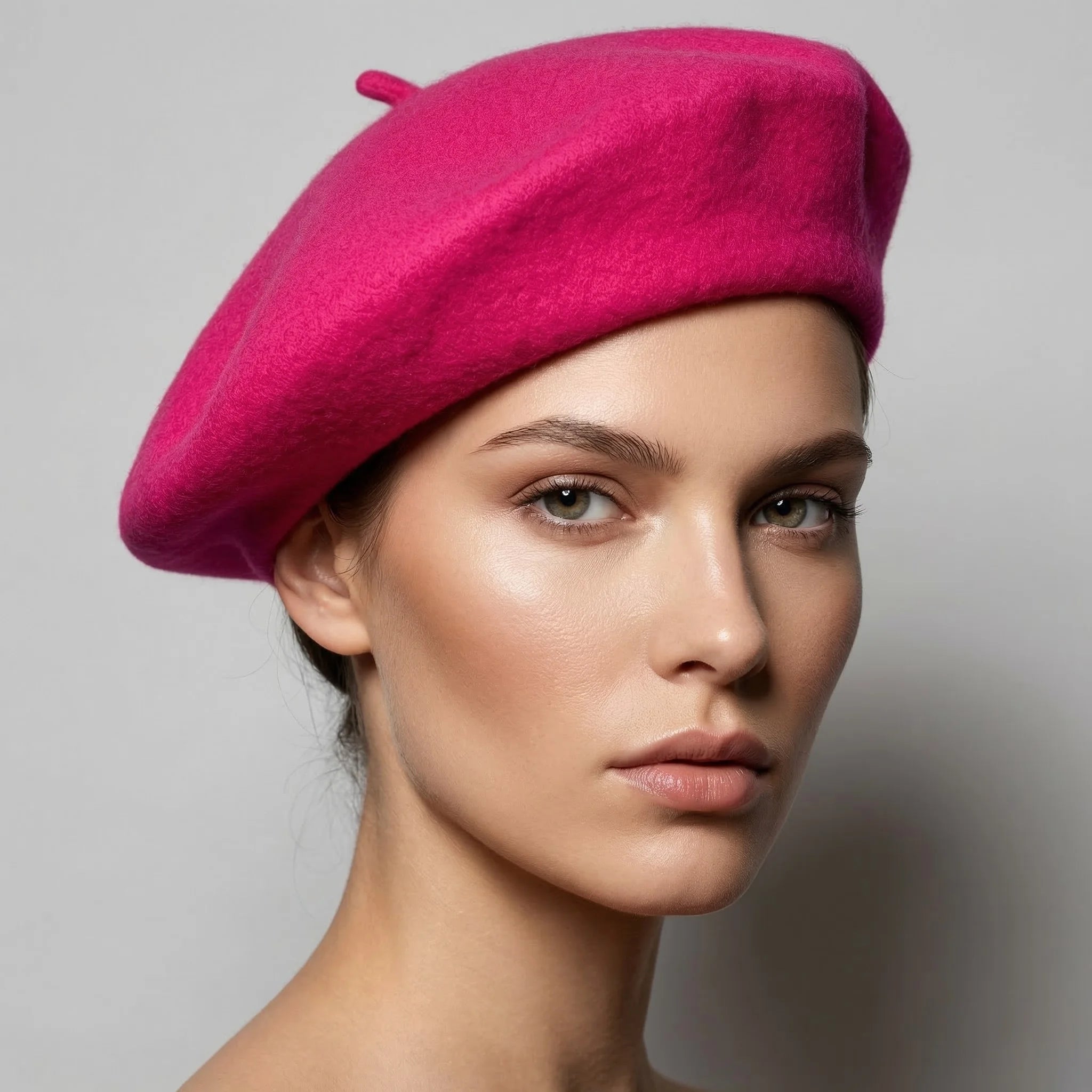 Vibrant fuchsia Pink French Beret in soft felt with rounded shape and top button