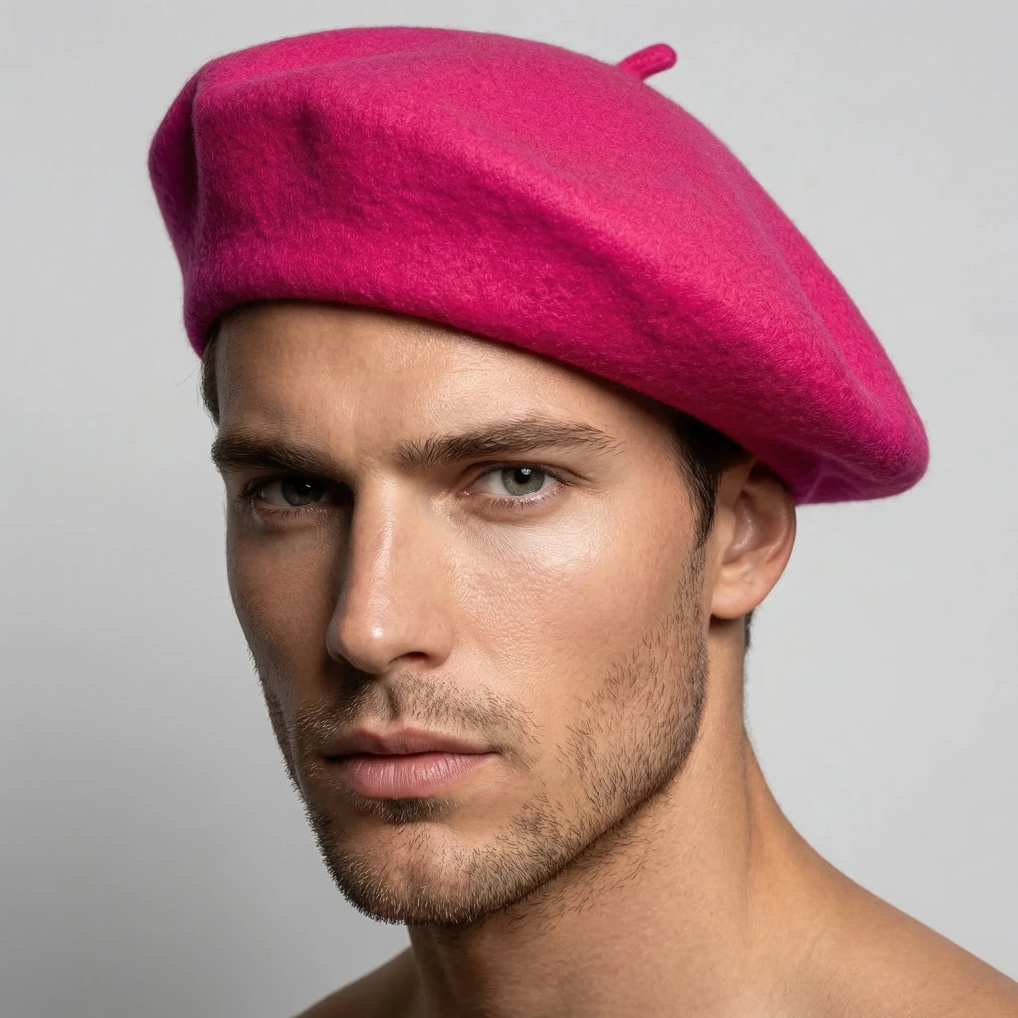 Vibrant fuchsia Pink French Beret of soft felt with rounded shape and top button