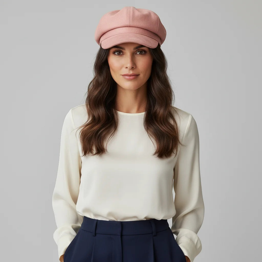 Pink Newsboy Cap with soft pink structured design and rounded brim