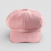 Pink Newsboy Cap: soft pink suede eight-panel hat with structured crown