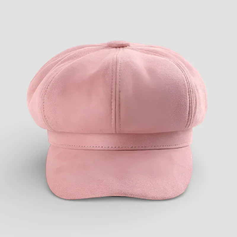 Pink Newsboy Cap: soft pink suede eight-panel hat with structured crown