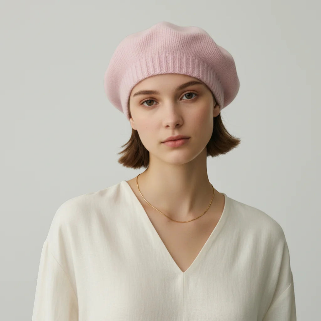 Pink wool beret with soft pink knitted top and ribbed brim