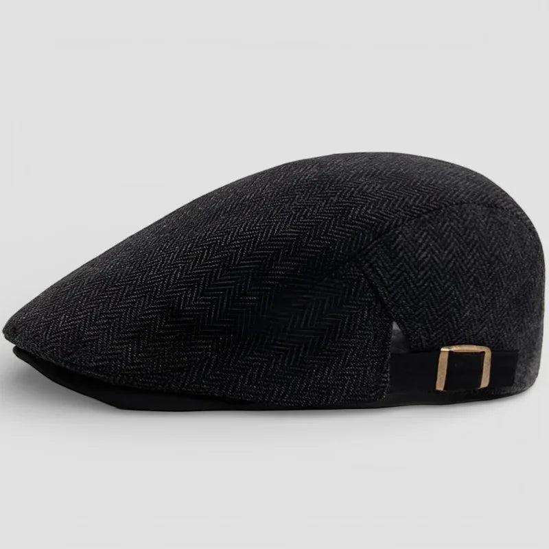 Black herringbone flat cap with gold buckle, Plaid Beret Cap