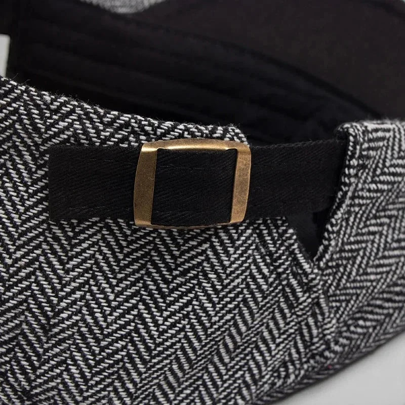 Black herringbone Plaid Beret Cap with gold buckle strap