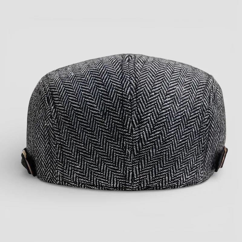 Black and white herringbone wool Plaid Beret Cap with leather side tabs