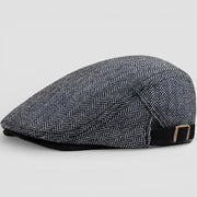 Classic black and white herringbone tweed flat cap with gold buckle, Plaid Beret Cap