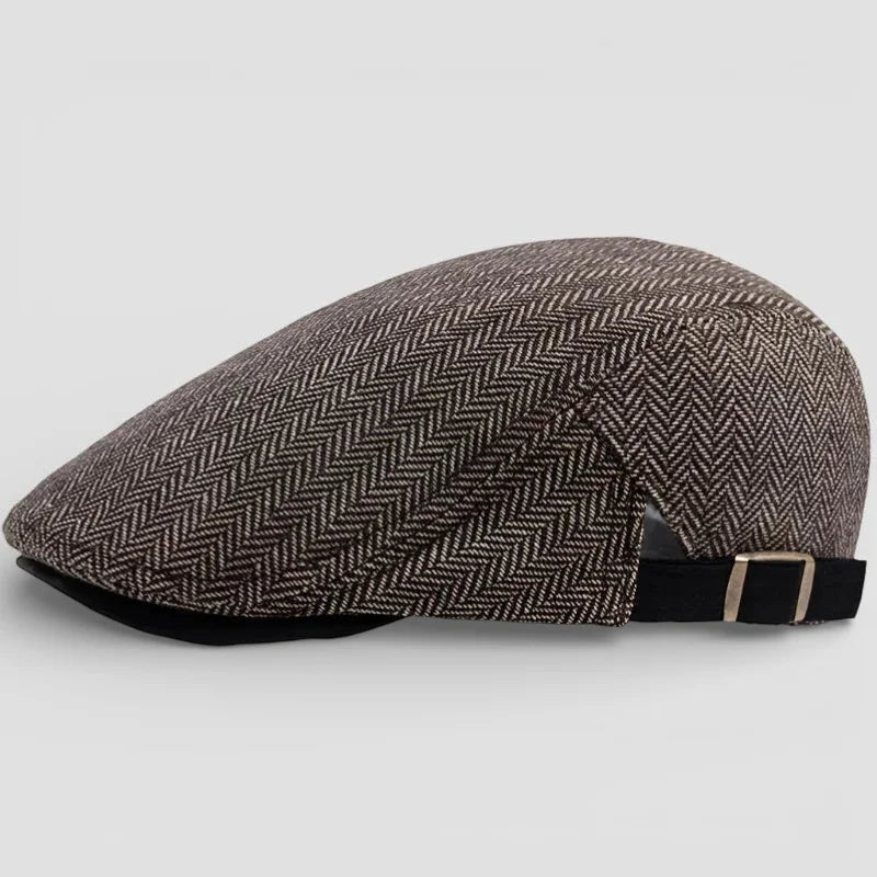 Classic brown herringbone tweed flat cap with black strap, Plaid Beret Cap
