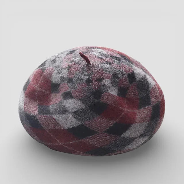 Cozy Plaid Beret in red, black, gray argyle wool blend