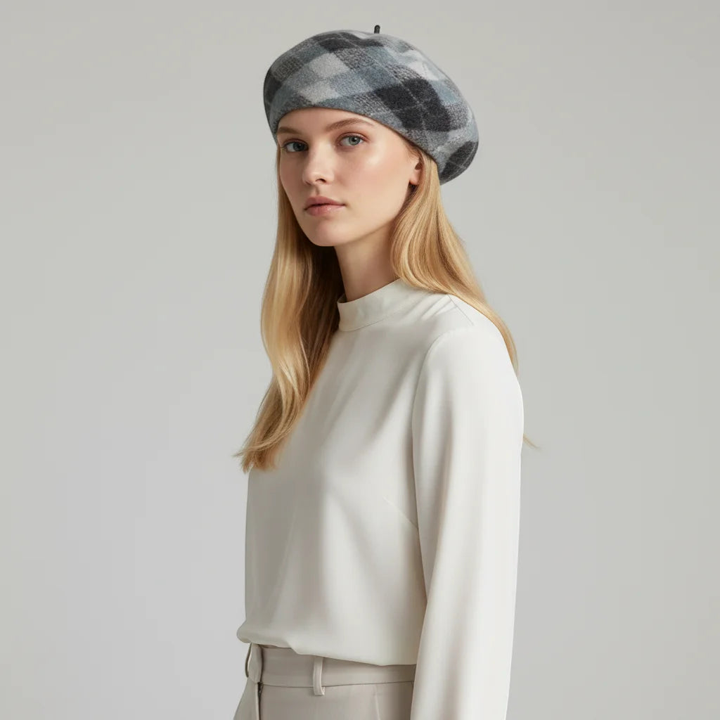 Gray and black plaid wool beret from Plaid Beret collection