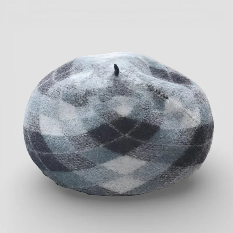 Plaid beret in soft muted blue black argyle wool-like texture