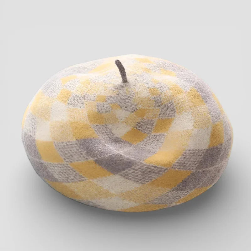 Yellow and gray argyle plaid beret in soft textured wool-like fabric