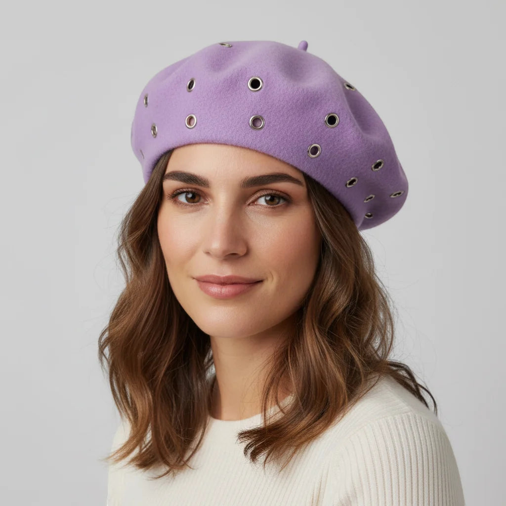 Purple Boina Hat: lavender felt beret with silver-toned eyelets
