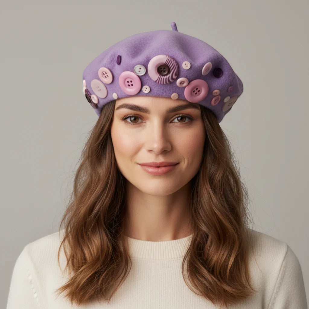 Purple button beret with pink white and dark buttons