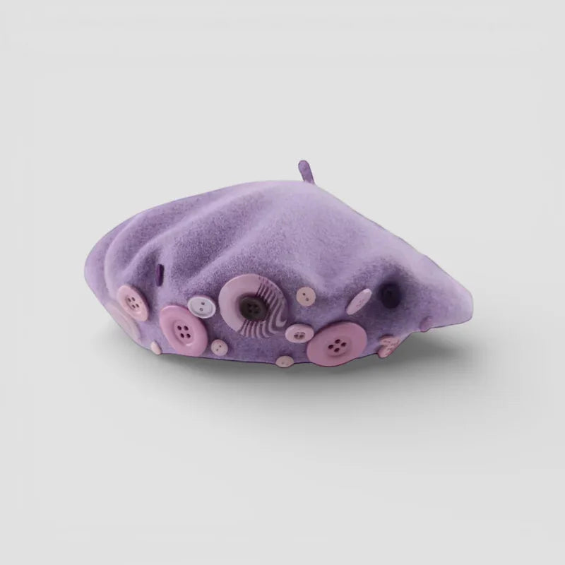 Purple Button Beret with soft lavender fabric, pink and white buttons