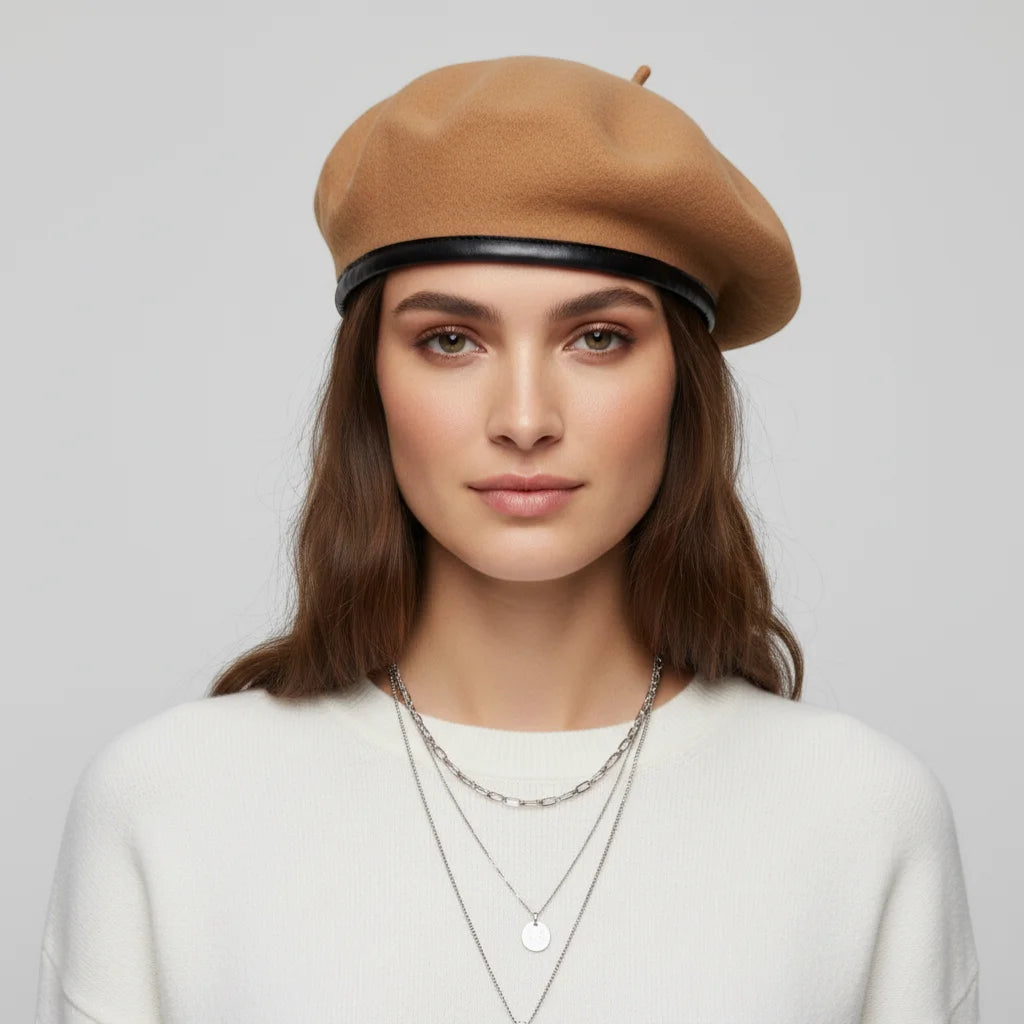 Ranger Tan Beret with black leather trim