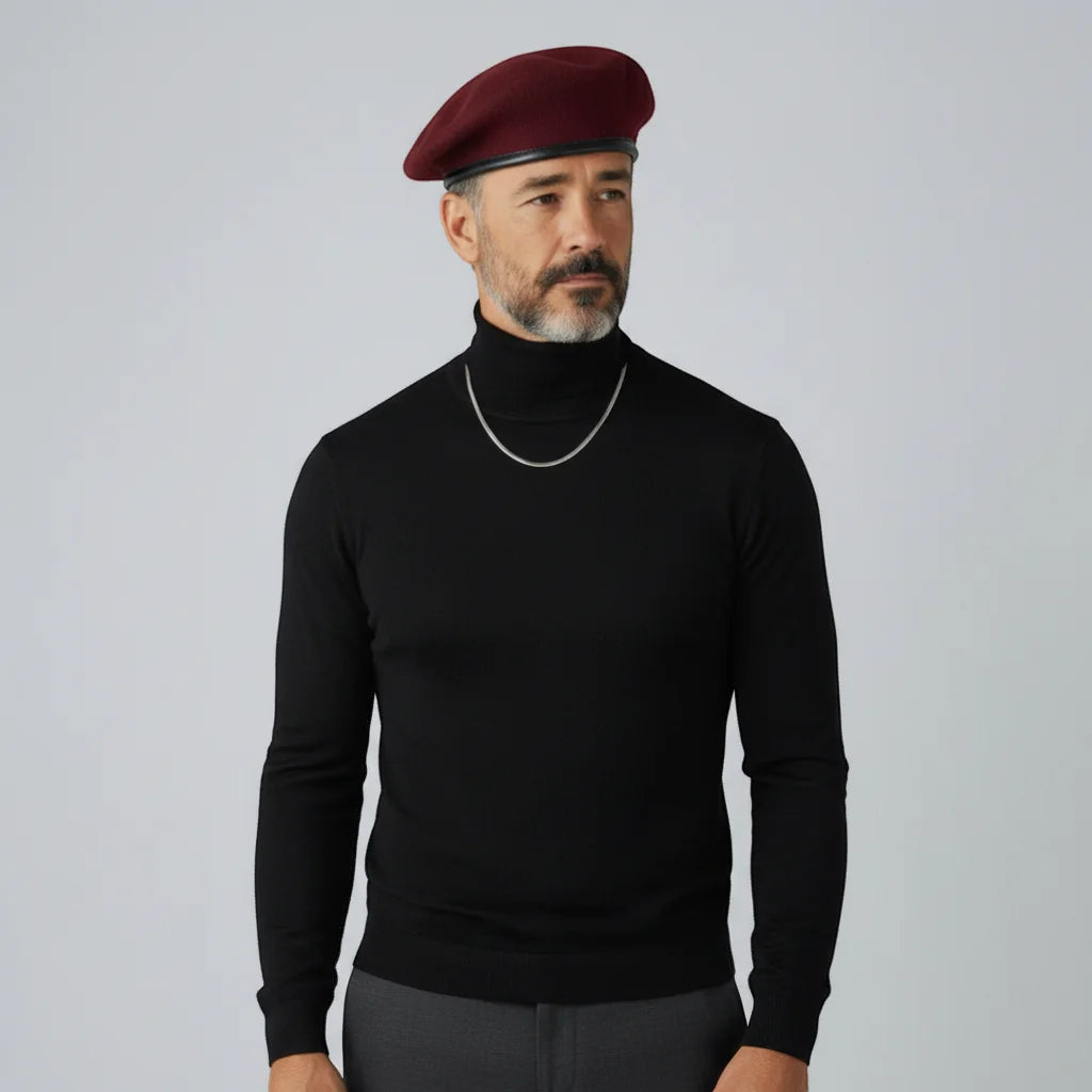 Man in Ranger Tan Beret with rich burgundy color and black leather trim