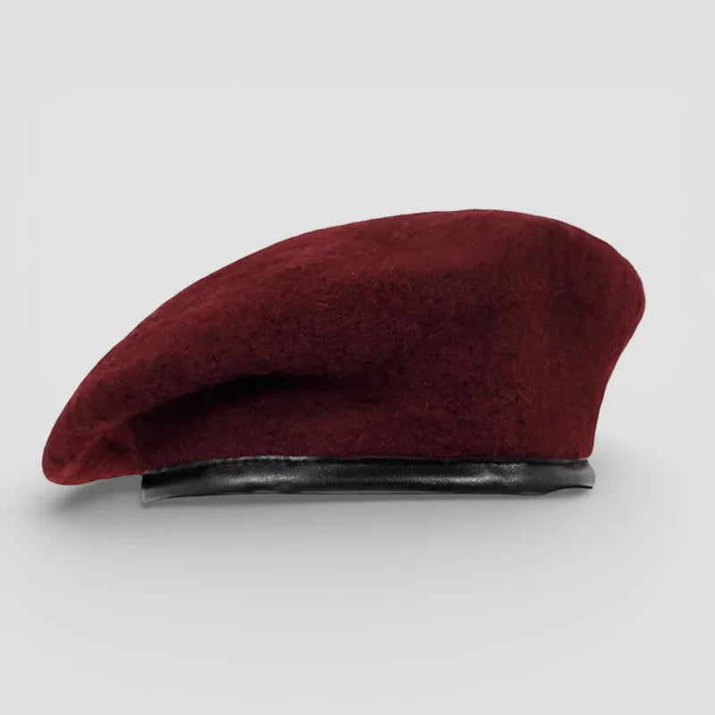 Rich maroon Ranger Tan Beret with velvety texture and black leather band