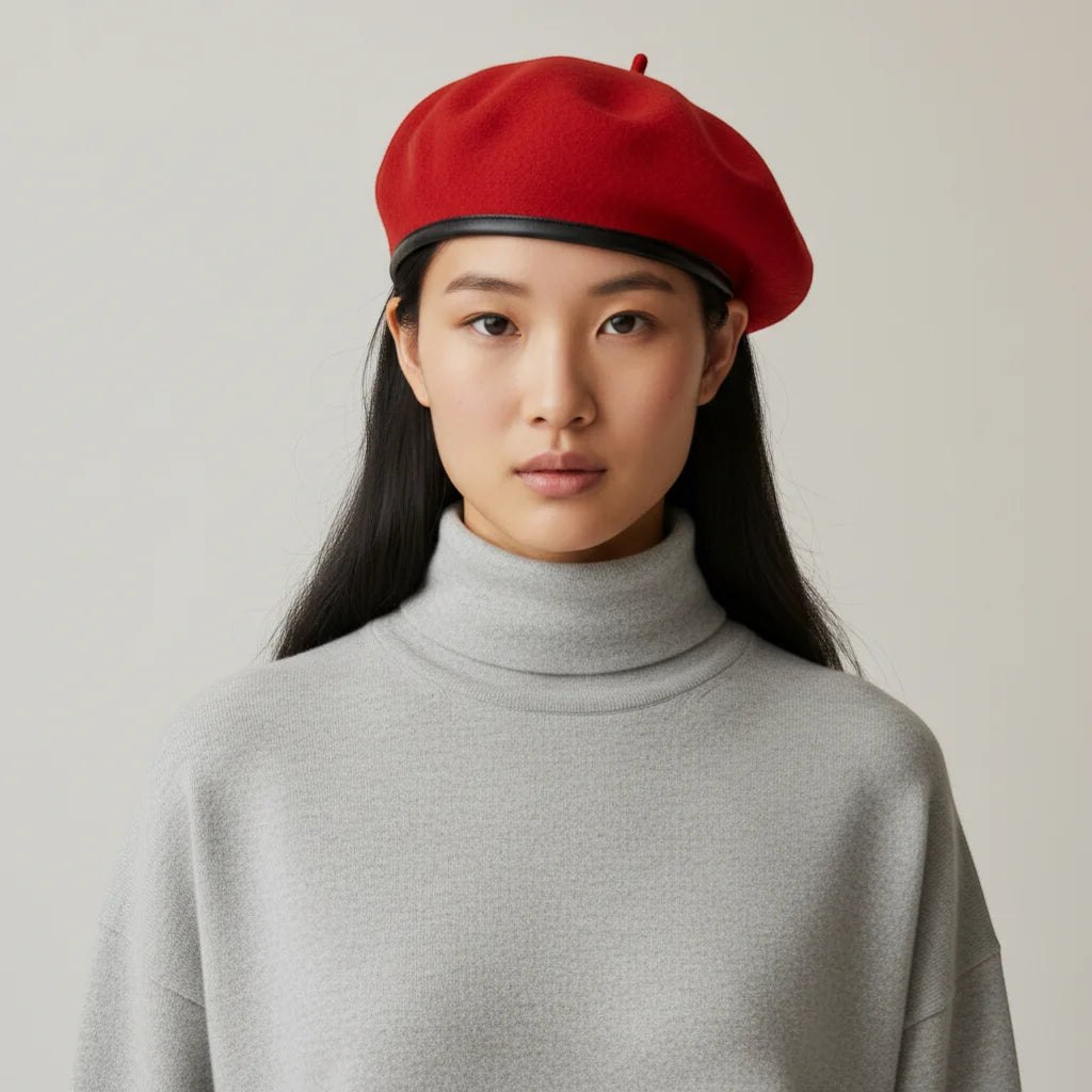 Red Beret Army: vibrant red beret with black leather trim and top button