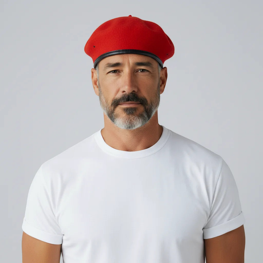 Vibrant Red Beret Army beret with black leather band
