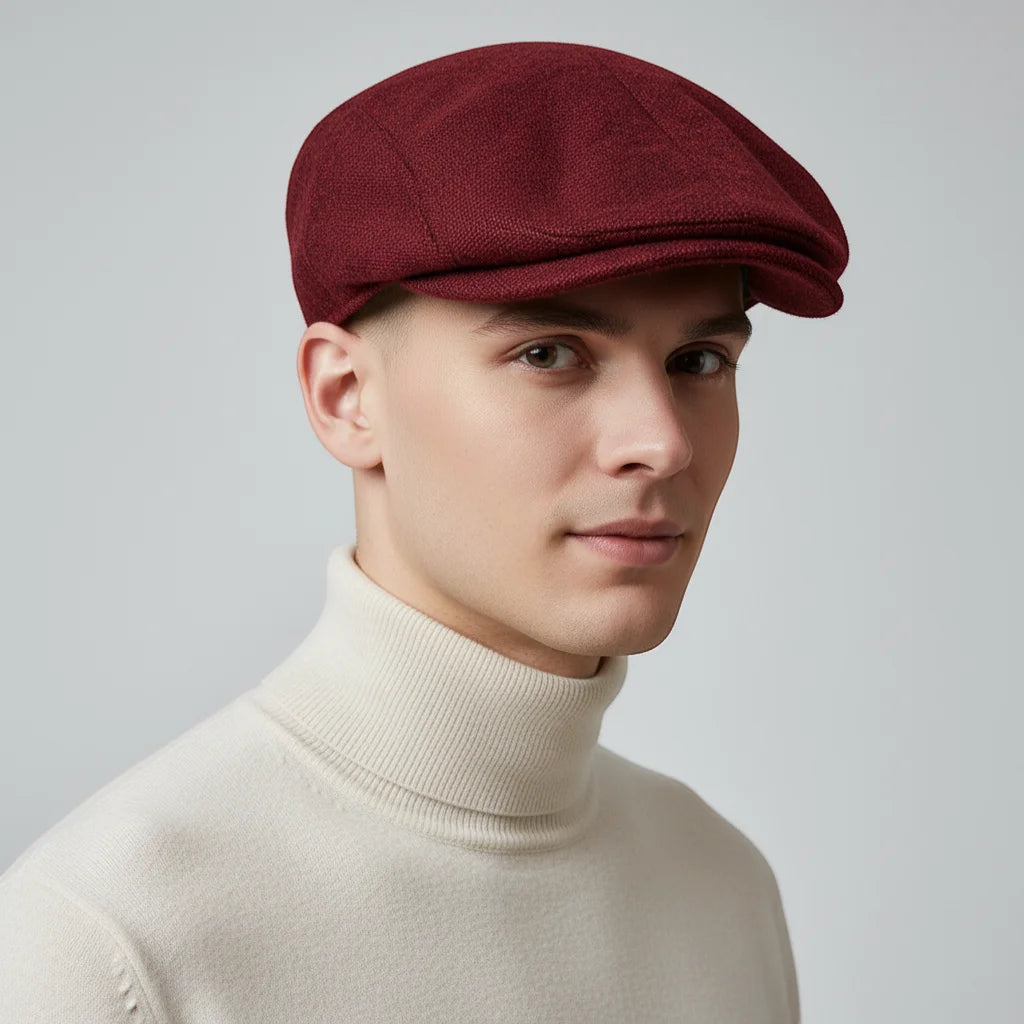 Red Beret Cap maroon flat cap with textured fabric and curved brim